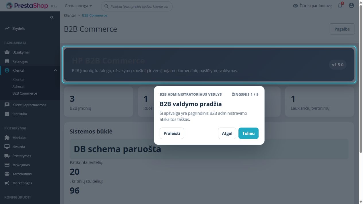 HP B2B Commerce administravimo skydelio DEMO vaizdas