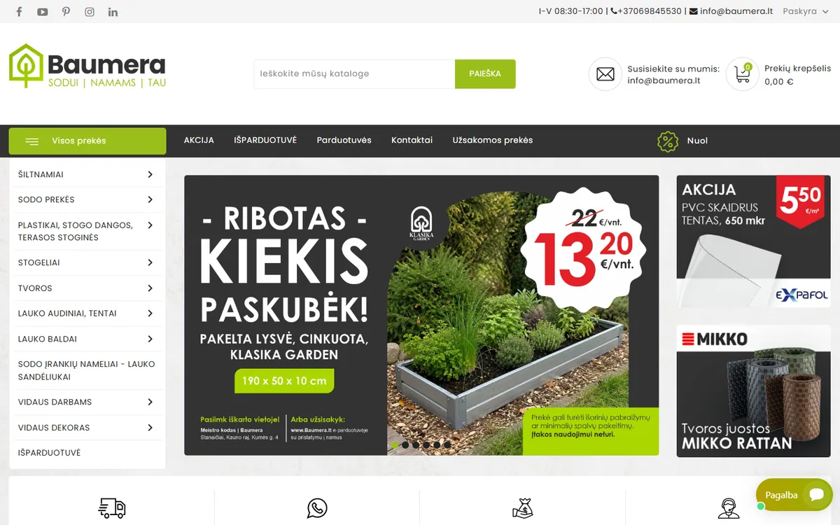 Baumera sodo ir techninių prekių el. parduotuvės pradžios puslapio vaizdas