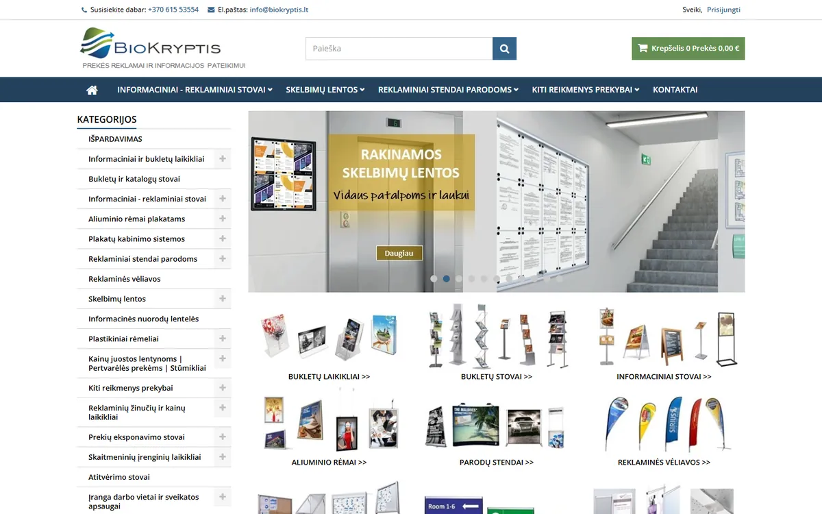 Biokryptis reklaminės ir informacinės įrangos el. parduotuvės pradžios puslapio vaizdas