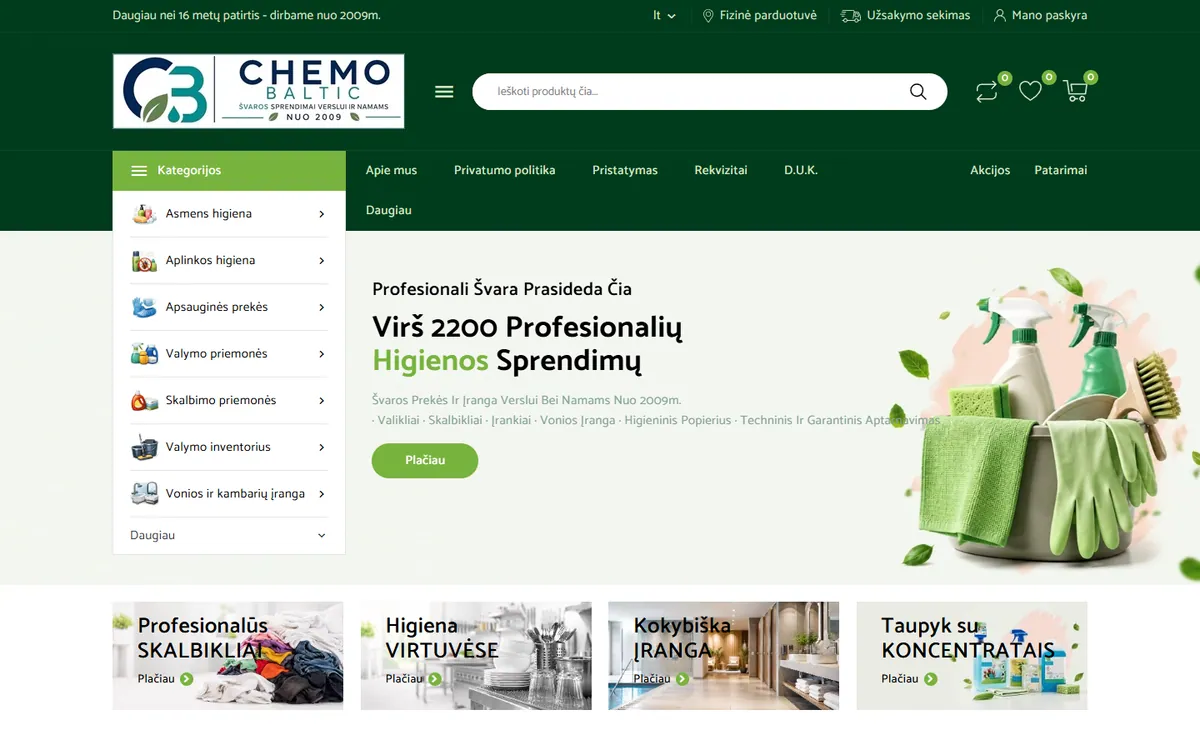 Chemo Baltic profesionalios higienos prekių el. parduotuvės pradžios puslapio vaizdas