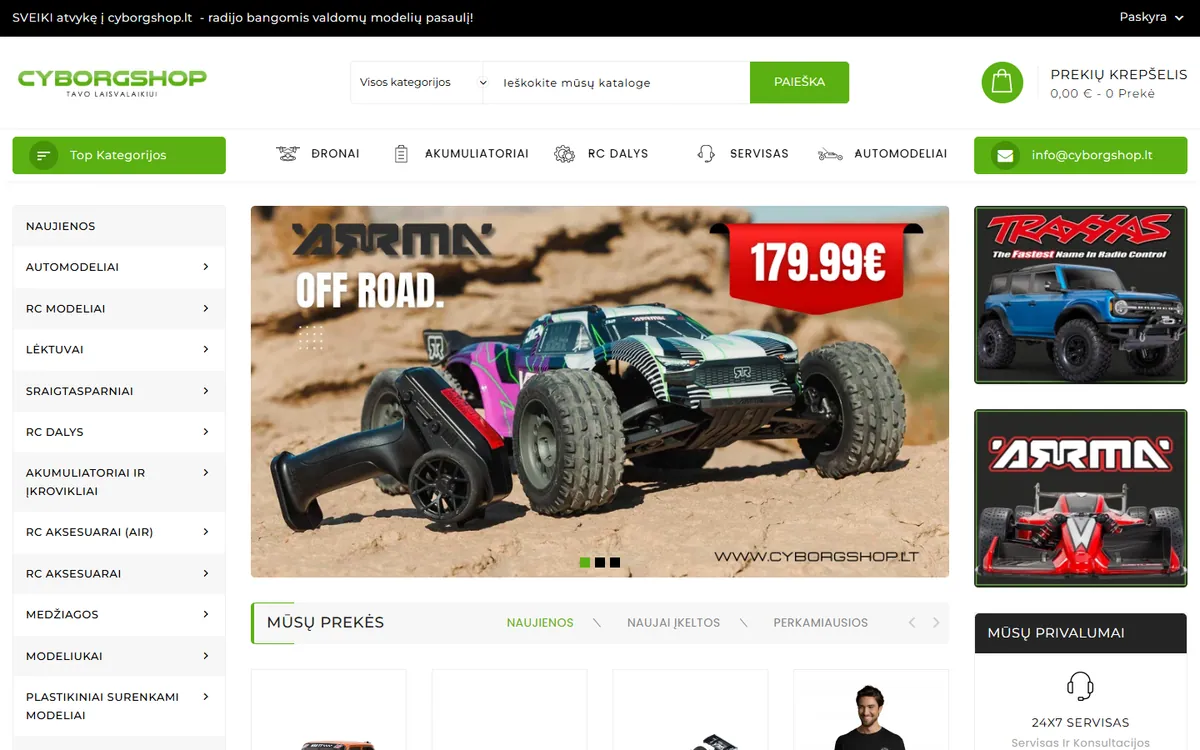 CyborgShop RC modelių ir laisvalaikio prekių el. parduotuvės pradžios puslapio vaizdas