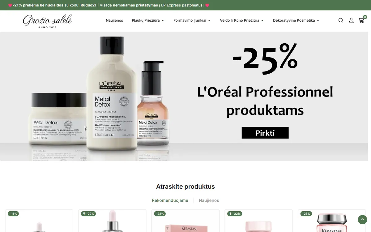 Grožio salelė profesionalių grožio priemonių el. parduotuvės pradžios puslapio vaizdas