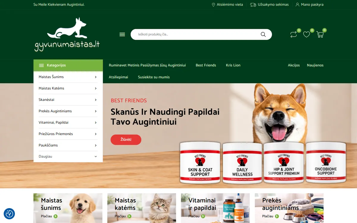 gyvunumaistas.lt gyvūnų maisto el. parduotuvės pradžios puslapio vaizdas
