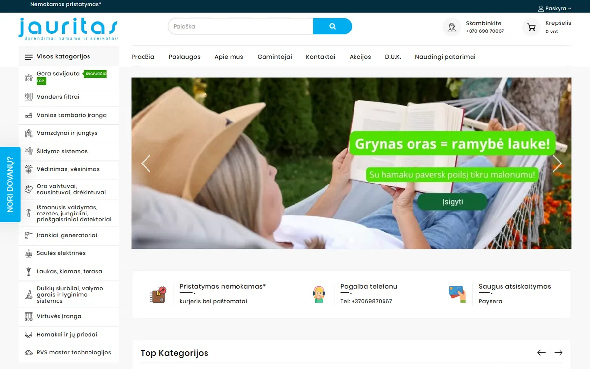 Jauritas vandens filtrų ir namų įrangos el. parduotuvės pradžios puslapio vaizdas