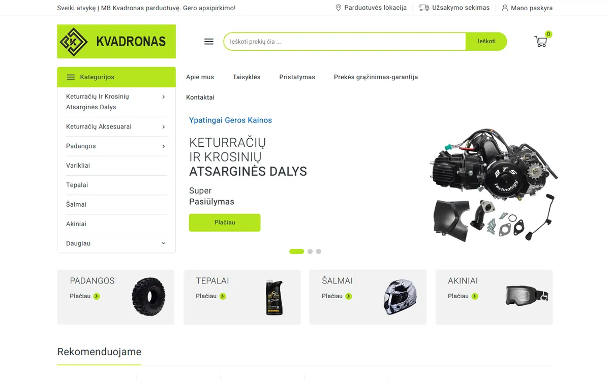 Kvadronas keturračių ir motociklų dalių el. parduotuvės pradžios puslapio vaizdas
