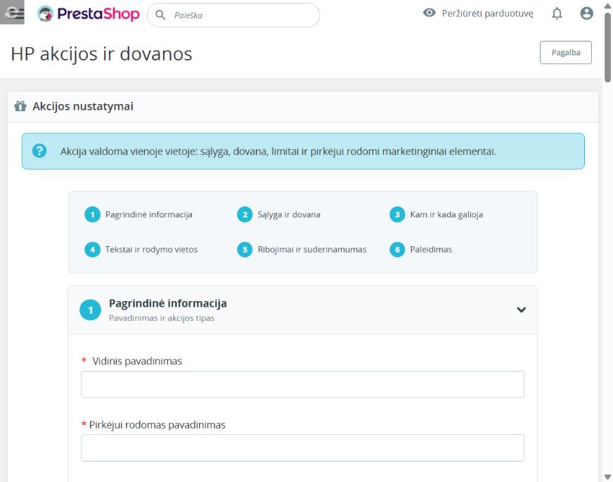 HP Smart Promotions šešių naviguojamų skyrių akcijos formos DEMO vaizdas