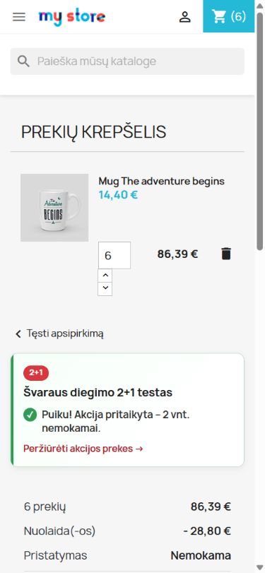 HP Smart Promotions pritaikytos akcijos vaizdas mobiliajame krepšelyje