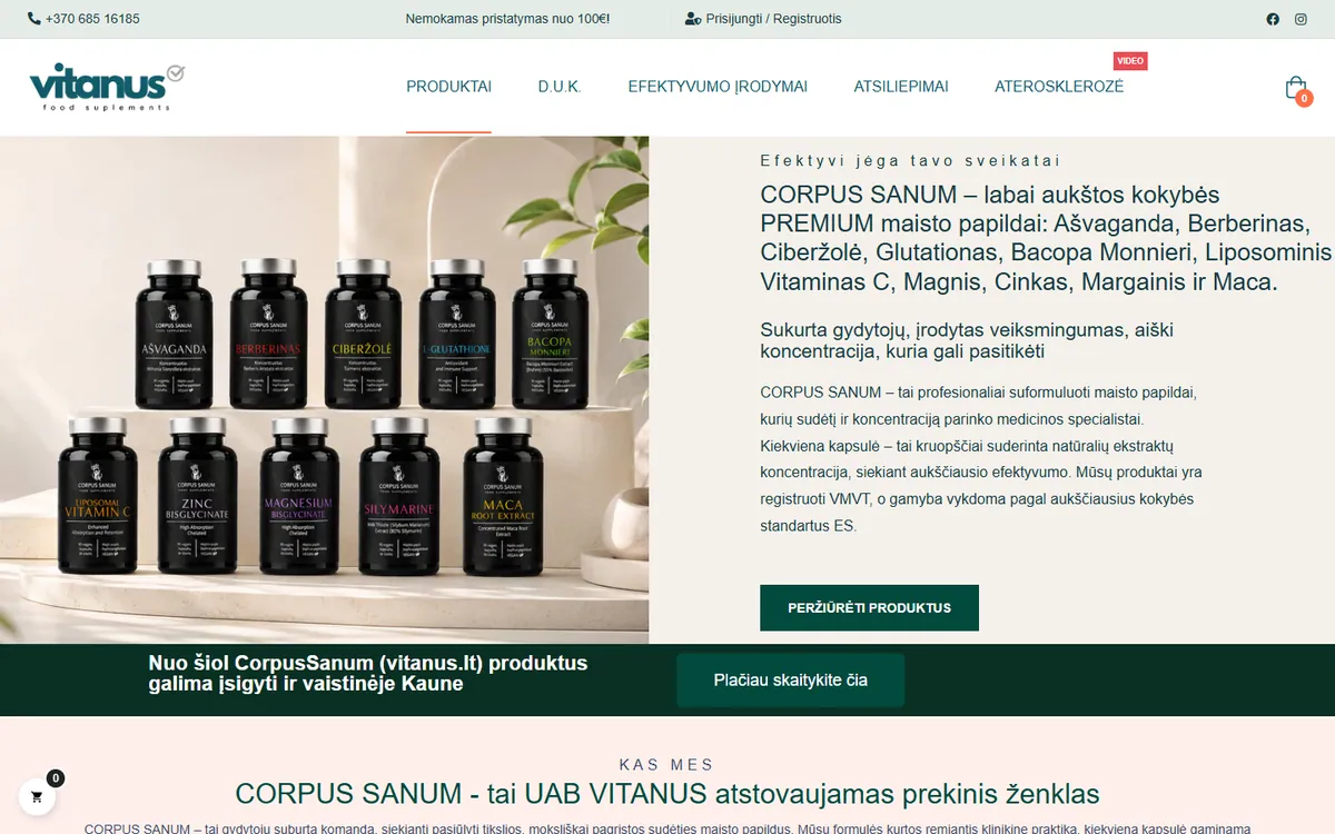 Vitanus ir Corpus Sanum maisto papildų el. parduotuvės pradžios puslapio vaizdas